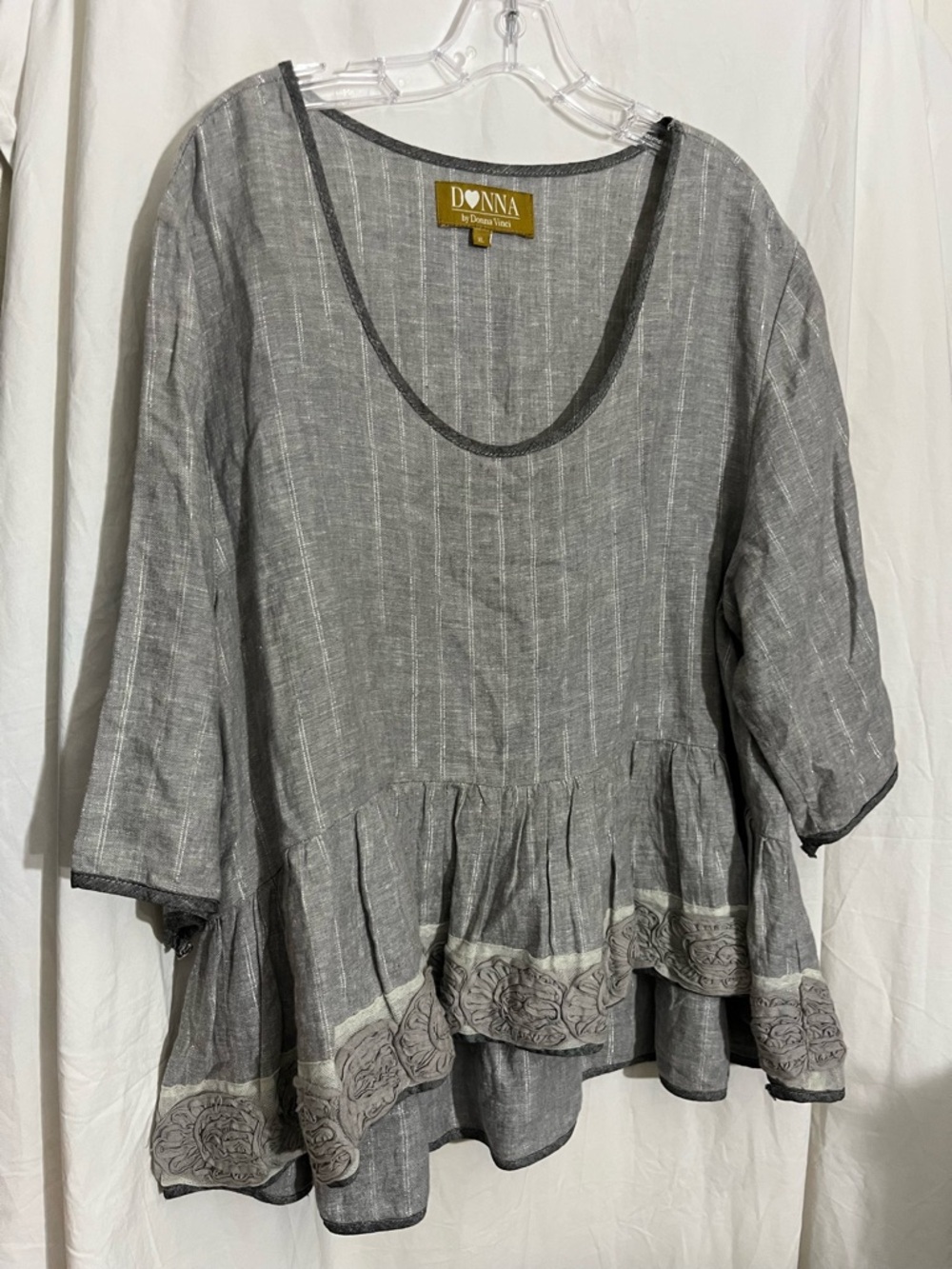 Adonna Gray Scoop-Neck Peplum Tunic with Embroidered Border